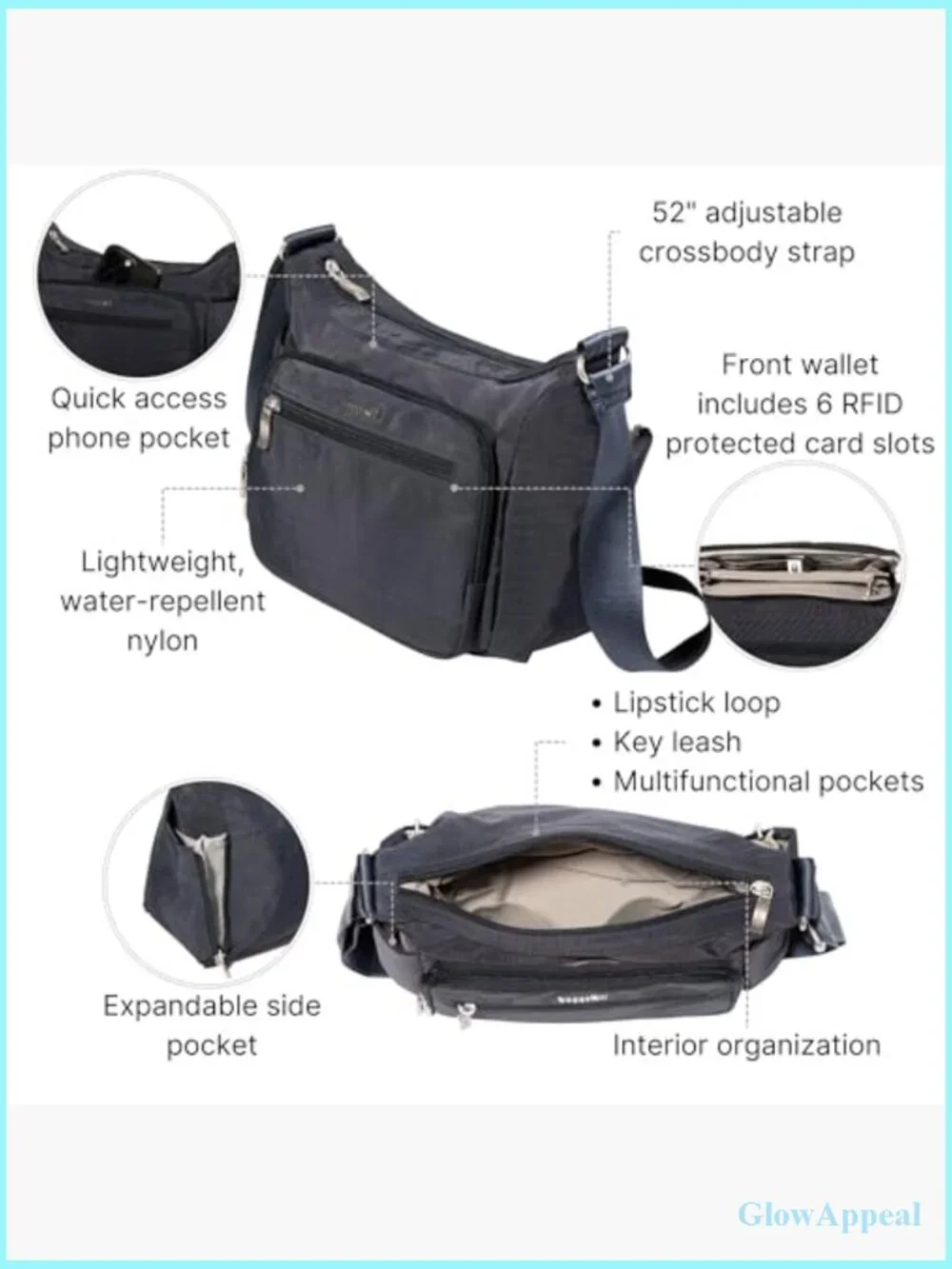 Nylon Hobo Crossbody Bag RFID Protection Adjustable Strap Lightweight